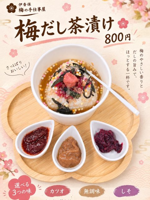 🌸 本日より販売スタート！ 🌸

伊香保梅の手仕事屋に、
梅を使った新しいメニューが登場しました✨

🍙 梅香むすび　500円
梅の香りと、ほんのりしその風味。
さっぱりとした味わいのおにぎりです。

🌸 梅花むすび　500円
梅の花をイメージした、かわいらしいおにぎり。
梅の酸味と香りをお楽しみください。

🍵 梅だし茶漬け　800円
梅のやさしい香りと、だしの旨みを楽しめる一杯。
「カツオ・無調味・しそ」の3種類からお選びいただけます。

伊香保温泉 石段街にお越しの際は、
ぜひ梅の味わいを楽しみにお立ち寄りください☺️🌸

数量限定でのご用意となります。
皆さまのお越しをお待ちしております✨

📍 伊香保梅の手仕事屋
📍〒377-0102 群馬県渋川市伊香保町伊香保45 2F
📍石段街166段目

#伊香保梅の手仕事屋 #梅 #手仕事 #梅だし茶漬け #梅おにぎり