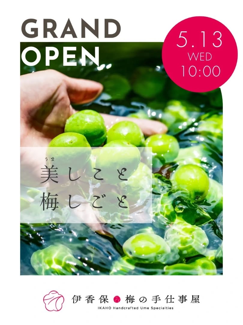 [お知らせ]
🍃✨
このたび、5月13日(水)10:00より
「伊香保 梅の手仕事屋」がGRAND OPENいたします。

美しい梅しごとを、ひとつひとつ丁寧に。
皆さまのお越しを心よりお待ちしております。

📍伊香保 梅の手仕事屋
🗓 5月13日(水) OPEN
⏰ 10:00〜16:00

#伊香保梅の手仕事屋 #大利根 #グランドオープン #群馬 #伊香保温泉